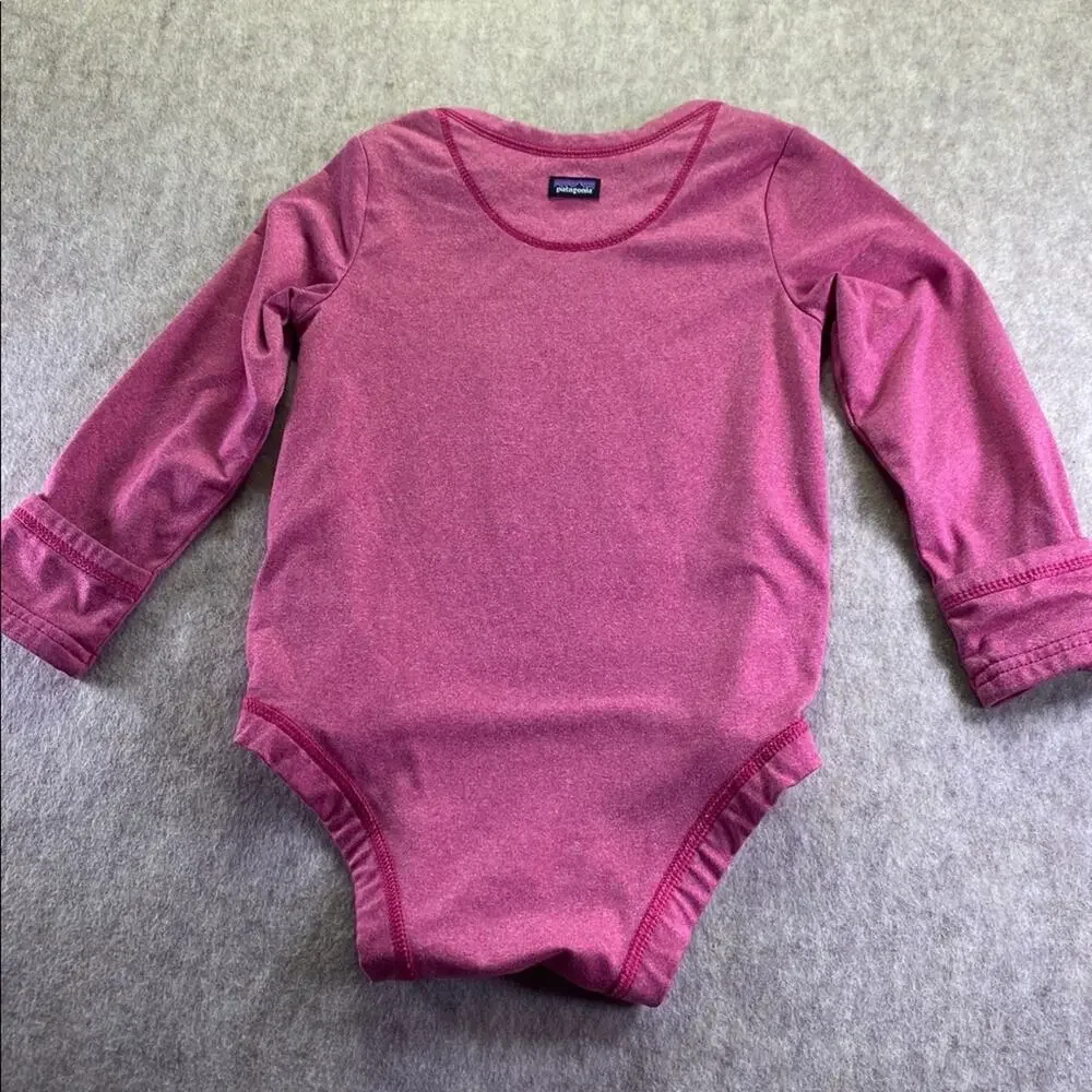 Patagonia Spell out Fuchsia  Long Sleeve Capilene Baselayer Bodysuit Size 12-18M